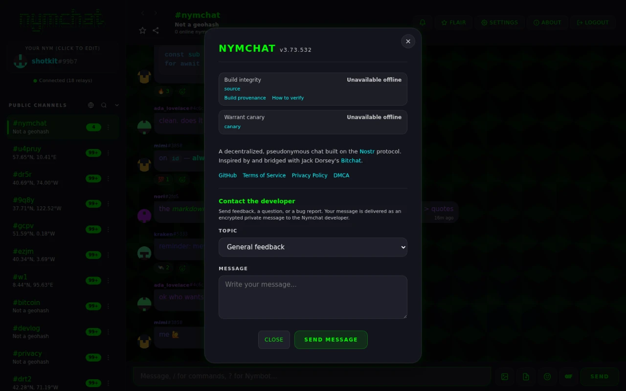 The Nymchat About dialog, showing the version, build integrity and warrant canary status.
