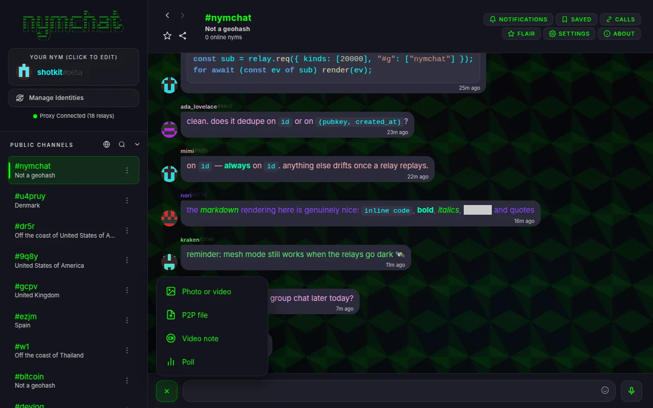 The Nymchat attach menu open above the plus button, listing Photo or video, P2P file, Video note and Poll.