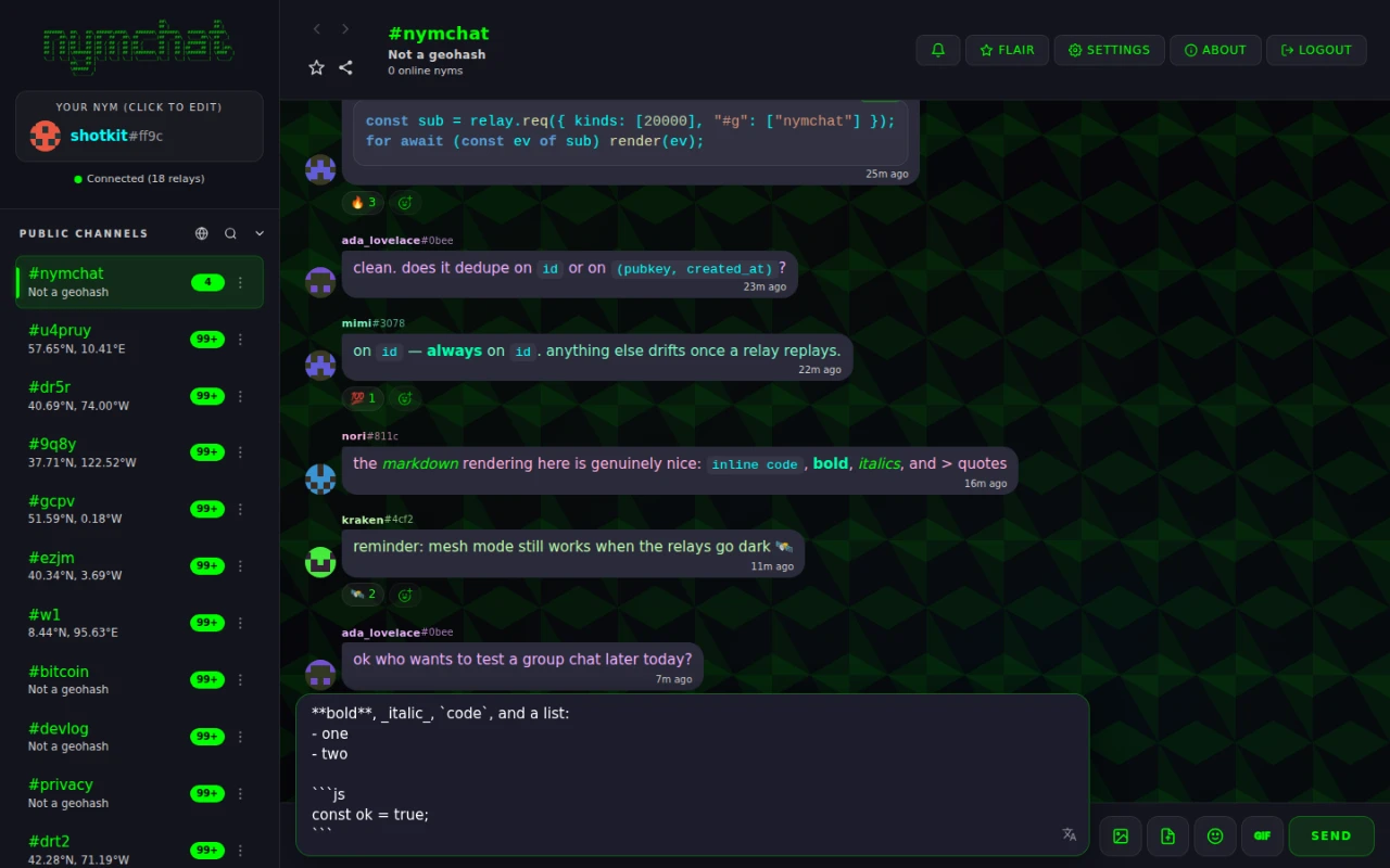 The Nymchat composer with Markdown typed into it, and the rendered result above.