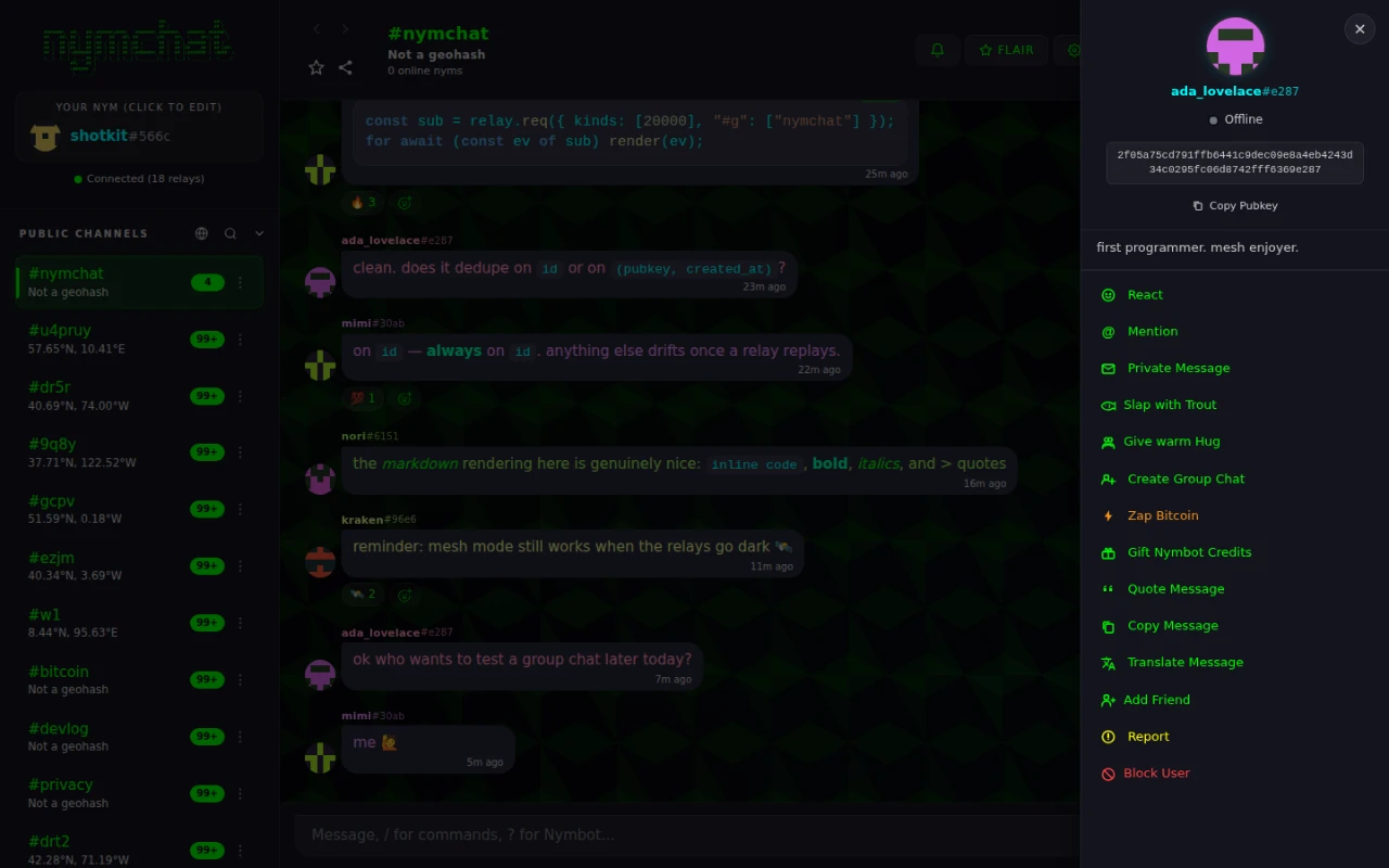 A Nymchat message context menu showing React, Mention, Private Message, Zap Bitcoin, Quote, Copy, Translate, Add Friend, Report and Block User.