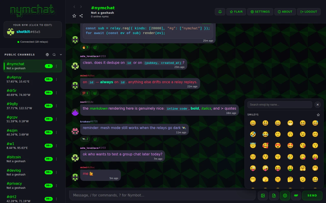The Nymchat emoji picker, with category tabs and a search box.