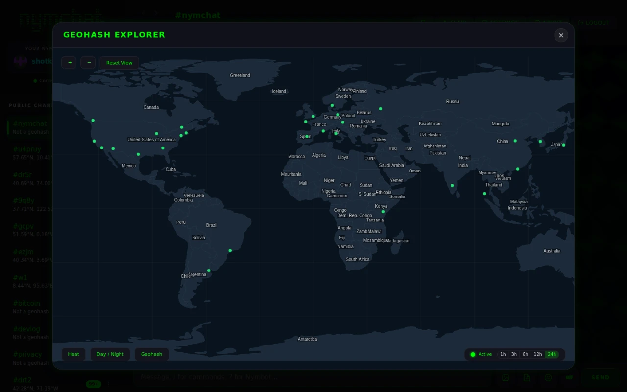 The Nymchat geohash explorer: a world map with green dots marking active geohash channels, and Heat, Day/Night and Geohash controls.