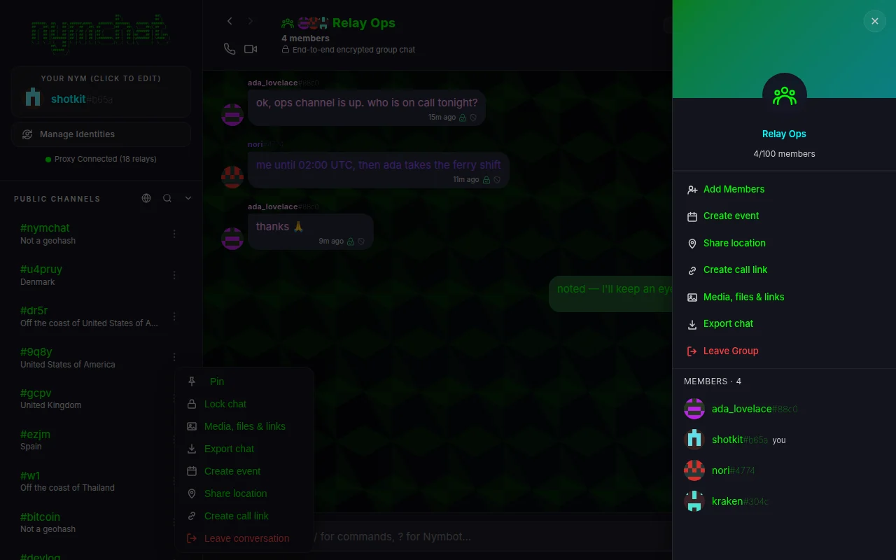 A Nymchat group's panel showing the group name, 4/100 members, actions such as Add Members, Create event, Share location, Create call link, Media, files and links and Export chat, and the member list.