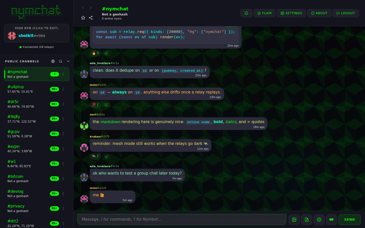 A Nymchat channel with the Bubbles message layout.