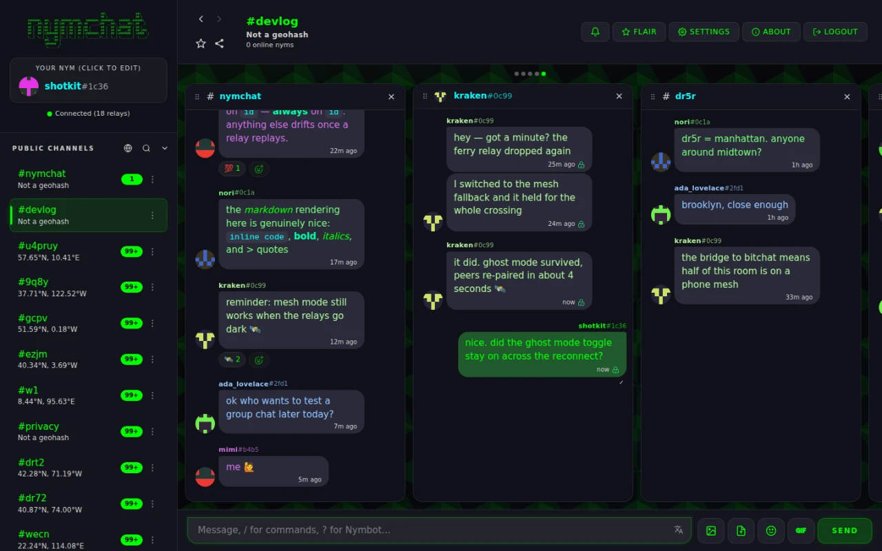 Nymchat in Column View, with several conversations open side by side.