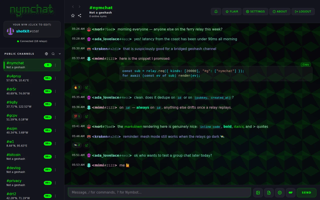 The same Nymchat channel with the IRC Style message layout: one dense timestamped line per message.