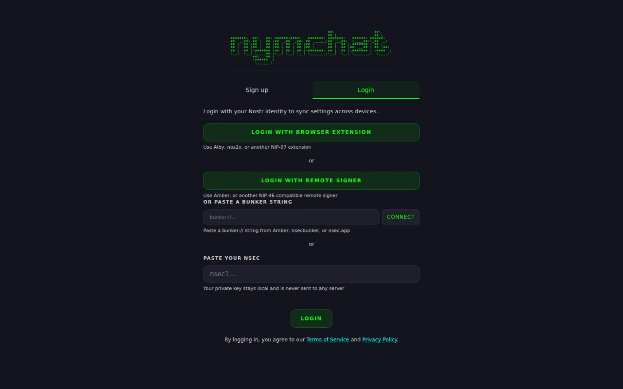 The Nymchat login screen offering a browser extension, a remote signer, a bunker string, or pasting an nsec.