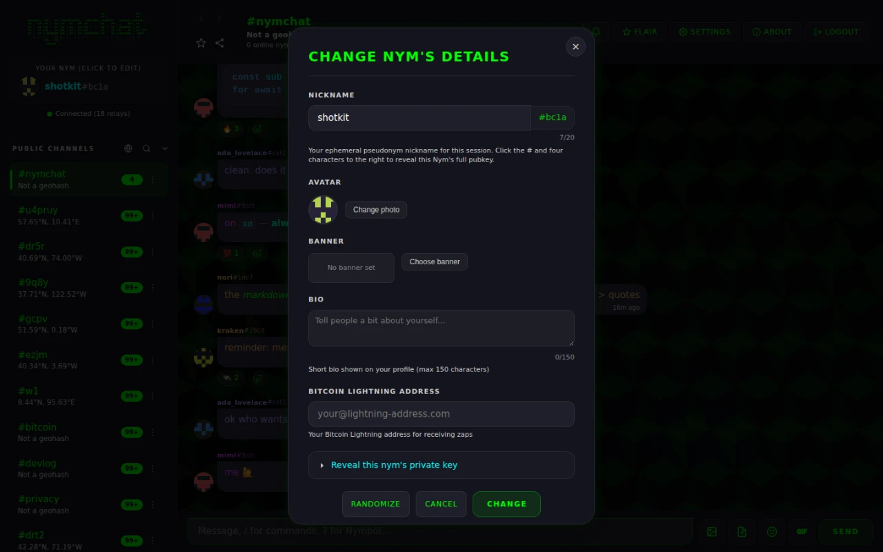 The Nymchat nym editor, with fields for a nickname, avatar, banner, bio and Lightning address.