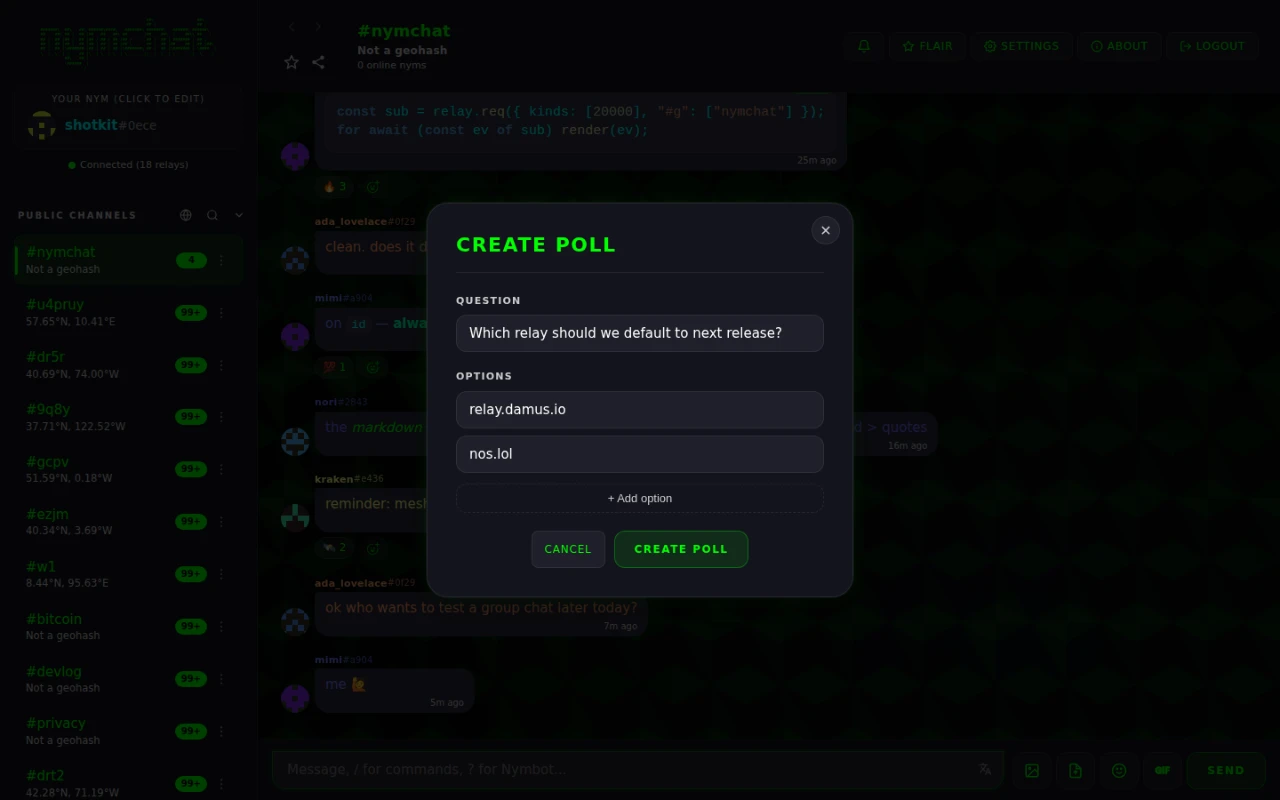 The Nymchat poll composer, with a question field and option fields.
