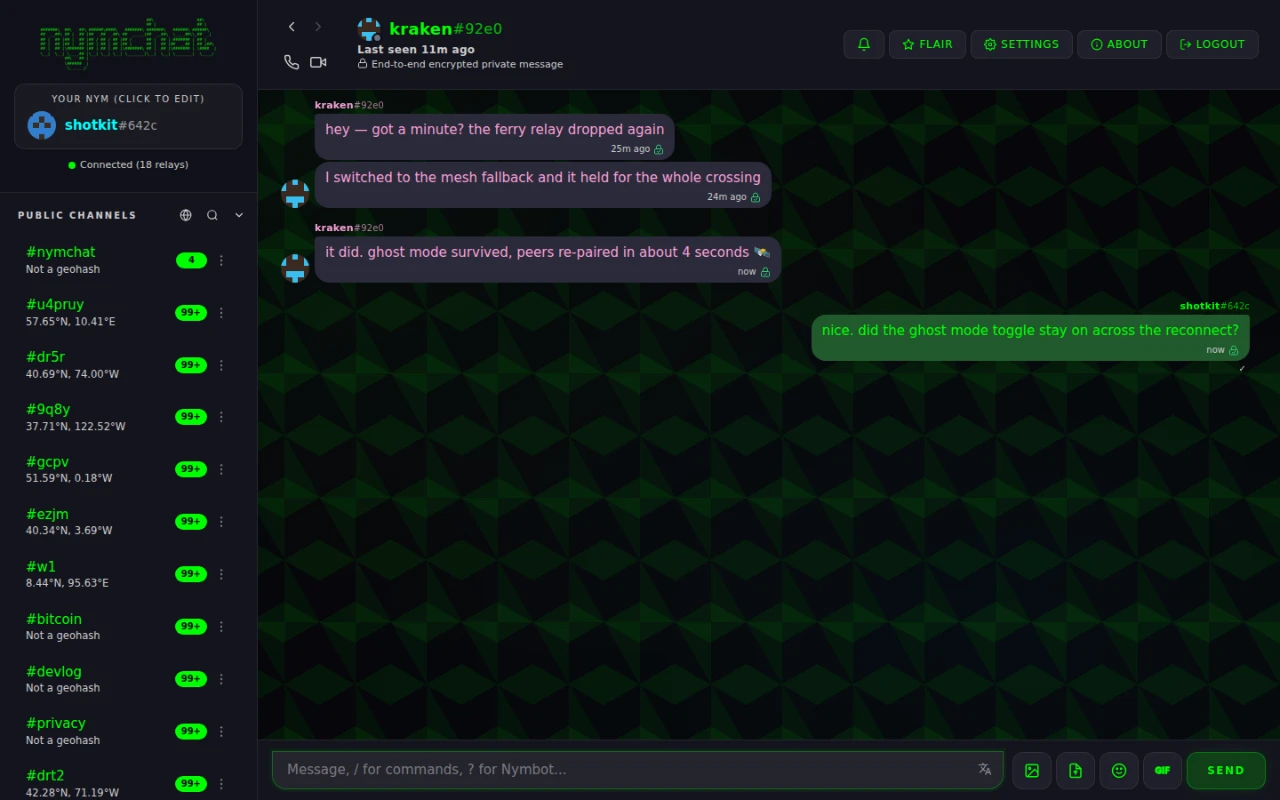 A one-to-one private message conversation in Nymchat.
