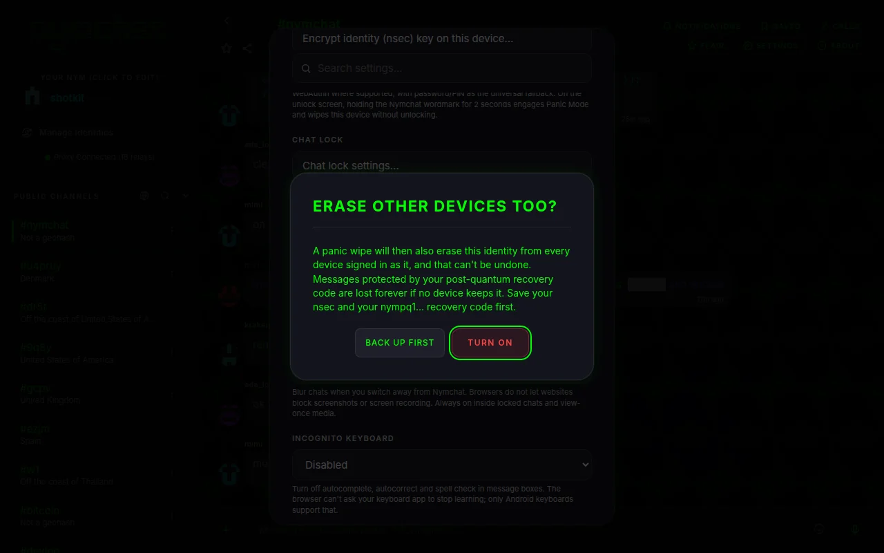 The confirmation shown when turning on Panic wipe also erases my other devices, warning that it cannot be undone and offering Back up first or Turn on.