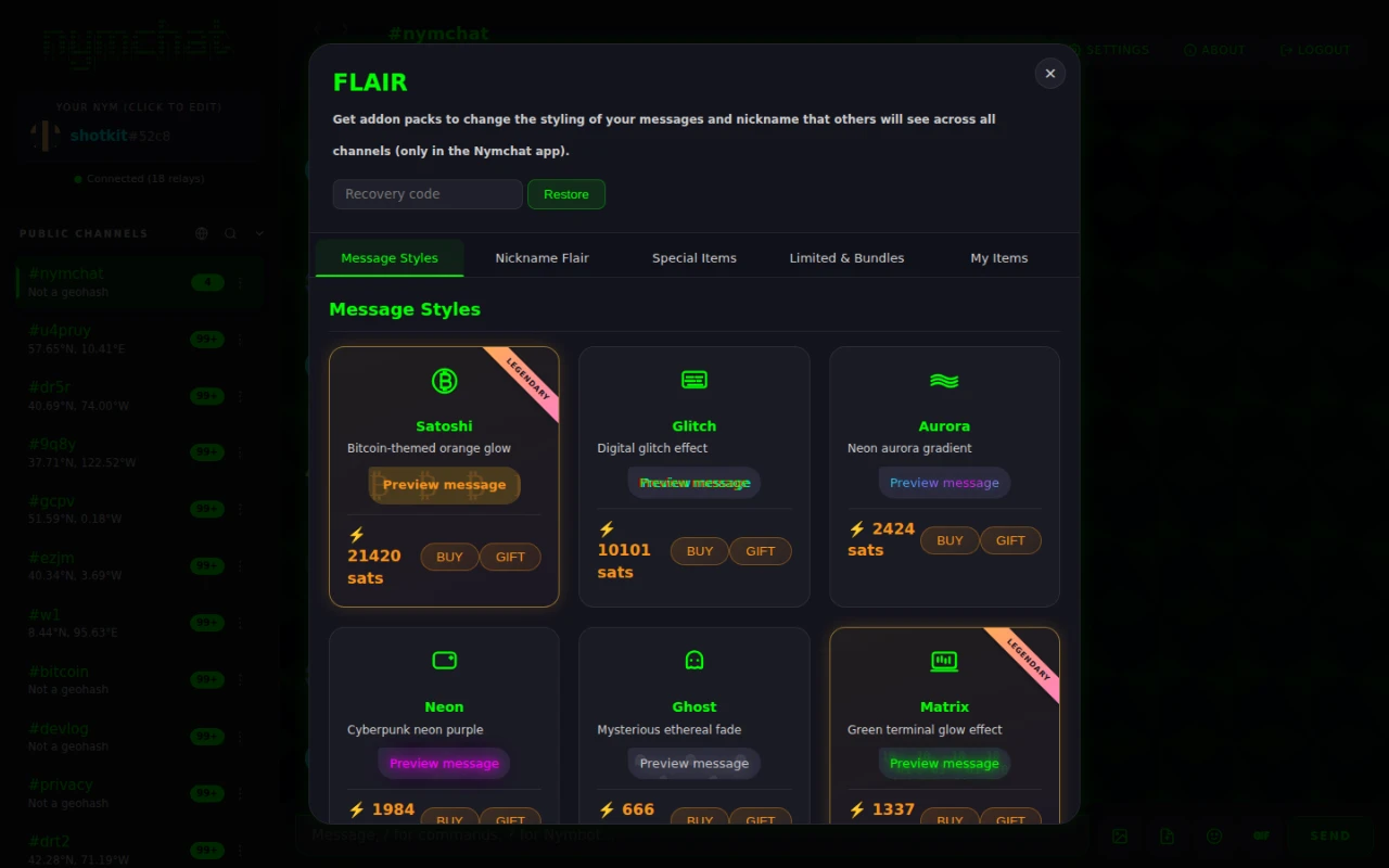 A loja de estilo Nymchat, mostrando cartões em estilo de mensagem com prévias, preços em sats e botões Comprar e Presente.