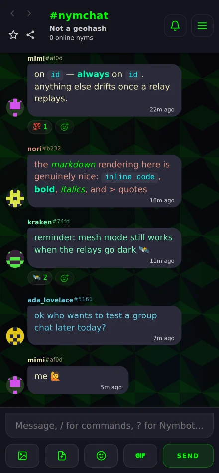 The Bitchat Multicolor theme, with each nym in its own colour.