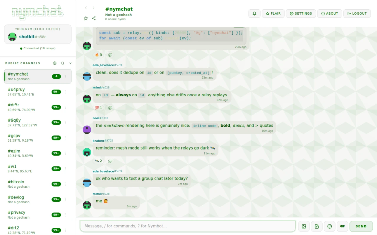 Nymchat in light mode, showing the Matrix Green theme on a light background.